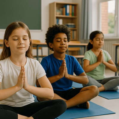 3 Kinder entspannen sich im Klassenraum
