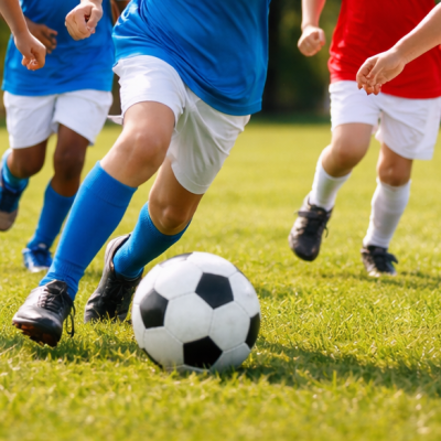 Kinder spielen Fußball auf grüner Wiese